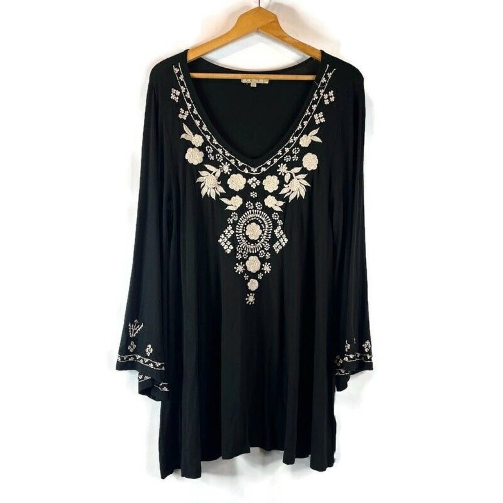 Anthropologie Caite Womens Black Sheath Dress Size Large Bell Sleeve Embroidered